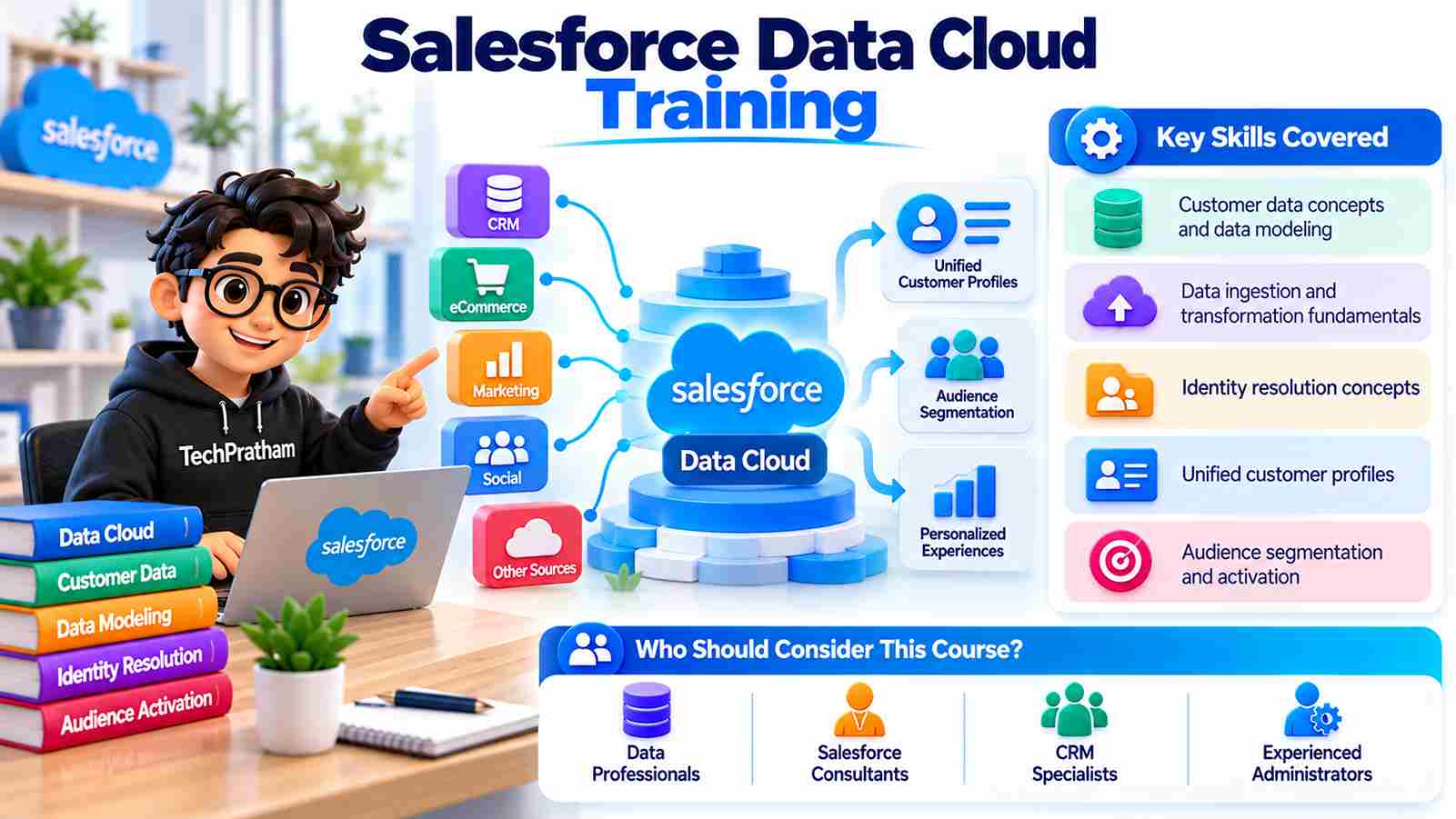Salesforce Data Cloud Training covering data modeling, data ingestion, identity resolution, unified customer profiles, audience segmentation, and customer data activation.